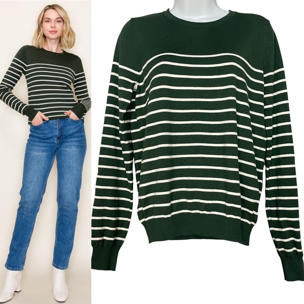 Staccato Striped Sweater Long Sleeve Women Size XL Forest Green White Pullover